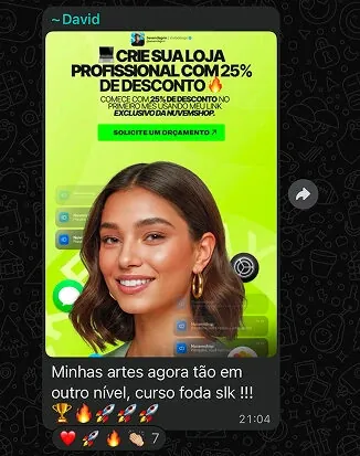 Mensagem do aluno David: "Minhas artes agora tão em outro nível, curso foda slk!", com uma arte para loja virtual