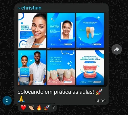 Mensagem do aluno Christian: "Colocando em prática as aulas!", com seis artes de clínica odontológica