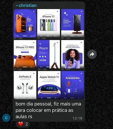Mensagem do aluno Christian: "Bom dia pessoal, fiz mais uma para colocar em prática as aulas", com nove artes de loja de celulares