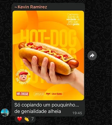 Mensagem do aluno Kevin Ramirez: "Só copiando um pouquinho de genialidade alheia", com uma arte de cachorro-quente